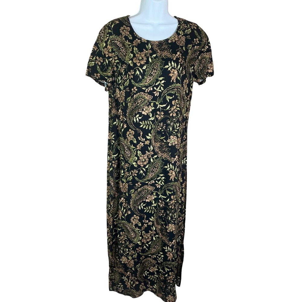 Victoria Holley Maxi Dress Womens 12 Black Paisley Floral Rayon Excellent Boho‎